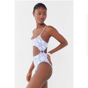 Out from under urban outfitters Alyssa o ring blue white floral cut out swimsuit